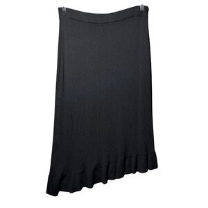 Gardy Black Asymmetrical Ruffle Hem Knit Midi Skirt Size L Rayon Nylon‎ Blend